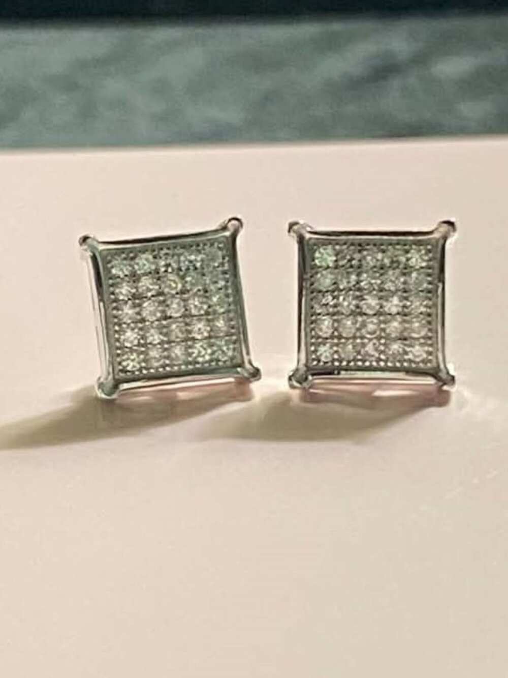 .925 Sterling Silver Cubic Zirconia Square Earrings Men Women